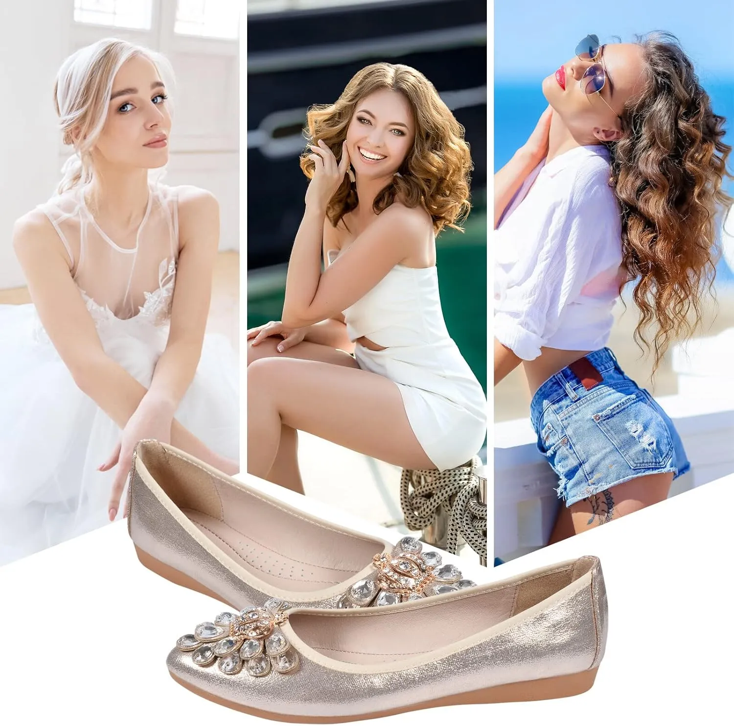 KUNWFNIX Women's Ballet Flats Foldable Classic Crown Rhinestone Slip On Flowers PU Leather Pointed Toe Comfort Flat Casual Dress Shoes