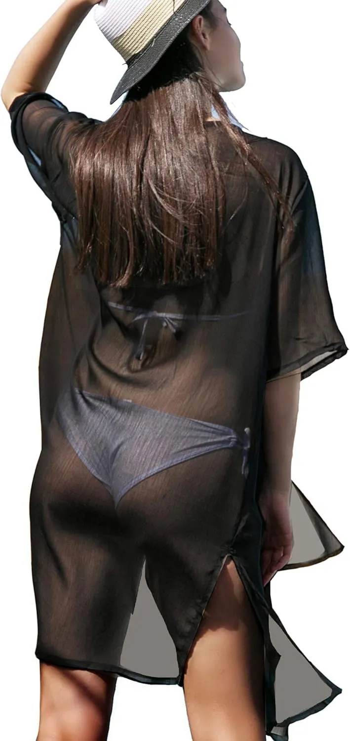 LA CARRIE Women's Chiffon Kimono Cardigan Cover Up with Half Sleeve Summer Sheer Beachwear Swimsuit for Bikini