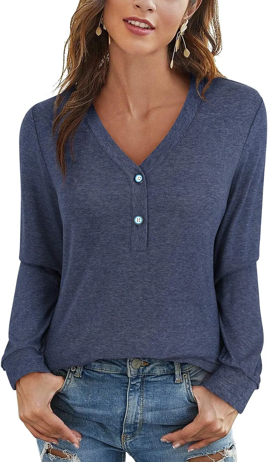 LAISHEN Women's V Neck Summer Tops Casual Henley Button Down T Shirts Tunic 2024