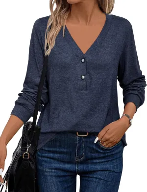 LAISHEN Women's V Neck Summer Tops Casual Henley Button Down T Shirts Tunic 2024