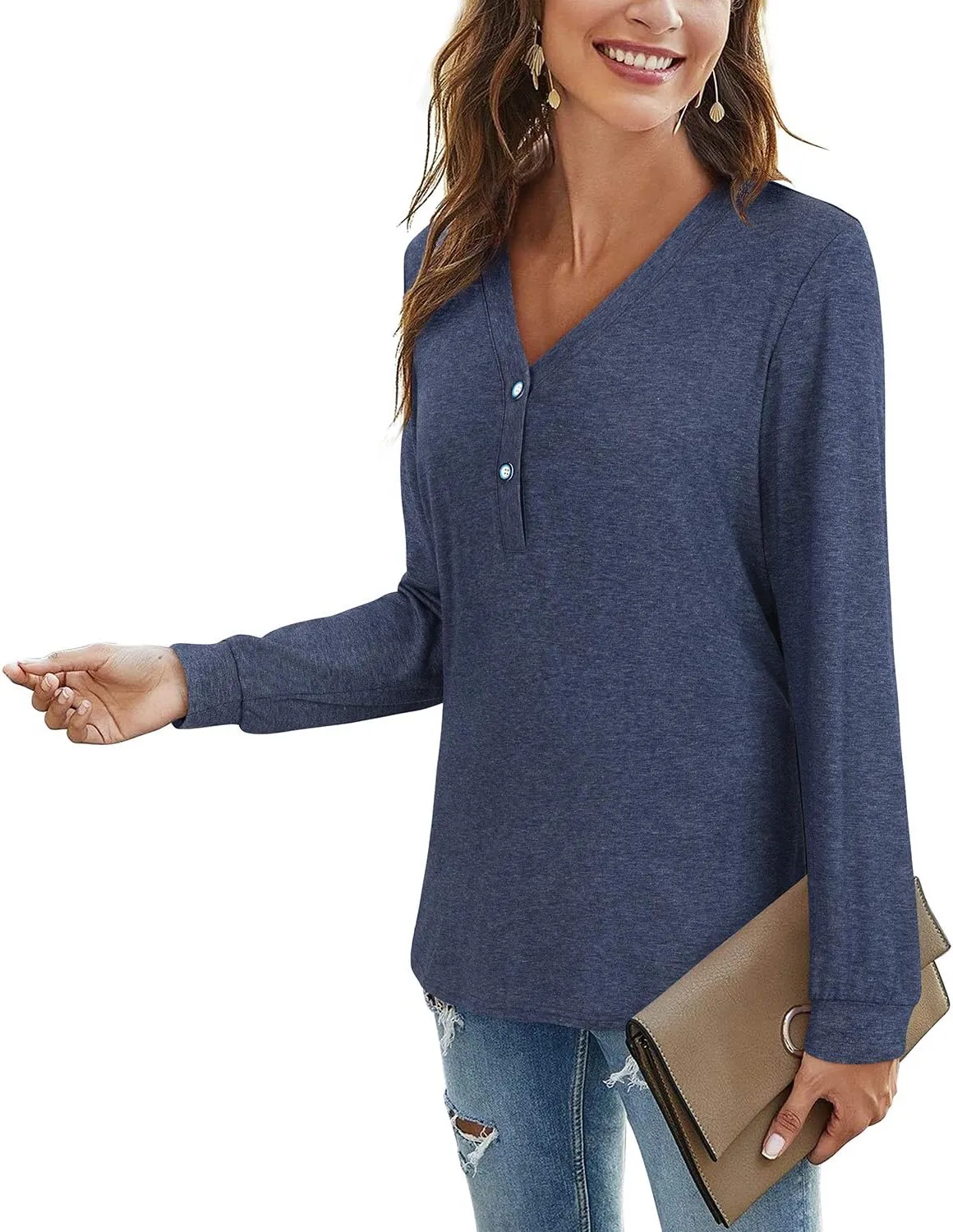 LAISHEN Women's V Neck Summer Tops Casual Henley Button Down T Shirts Tunic 2024