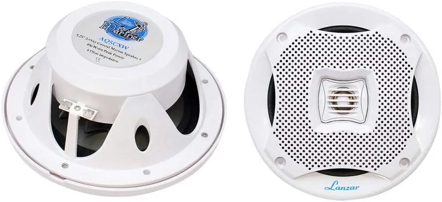 LANZAR Marine Speakers, 5.25 Inch, Water Resistant, 400 Watt Power, 2 Way Audio System, Resin Treatment, Includes Grills and Installation Hardware for Indoor and Outdoor Use, AQ5CXW (White)