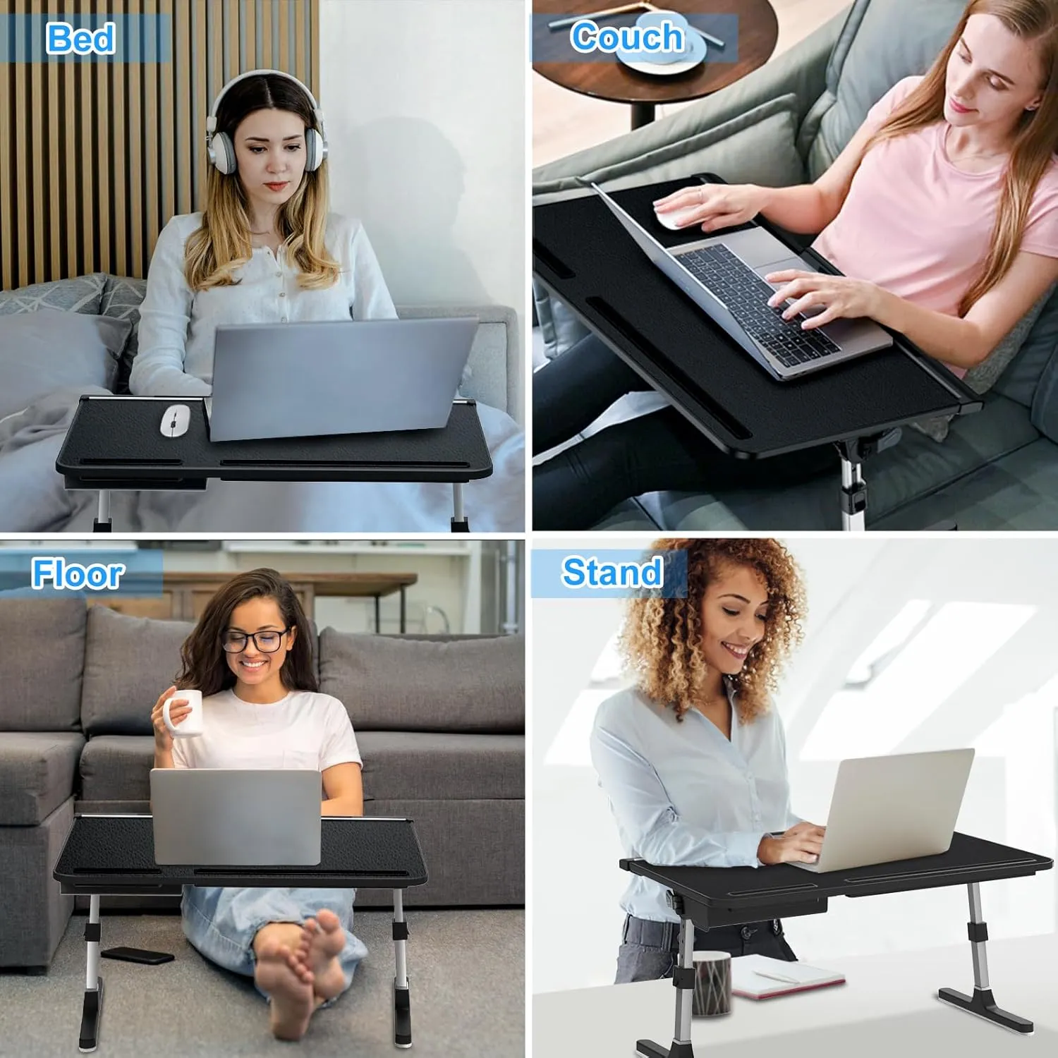 Laptop Bed Desk, X-Large Leather Adjustable Computer Bed Table Tray, Foldable Laptop Lap Desk for Bed Sofa Couch Floor Writing Eating Working with Drawer 2 Movable Stoppers (23.6 inch, Black)