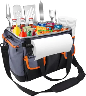 Large BBQ Grill Caddy with Paper Towel Holder, Foldable Insulated Picnic Organizer Bag for Outdoor Grilling, Tailgating, Camping, RV Trips, Must-Have Storage for Cooking Tools Supplies