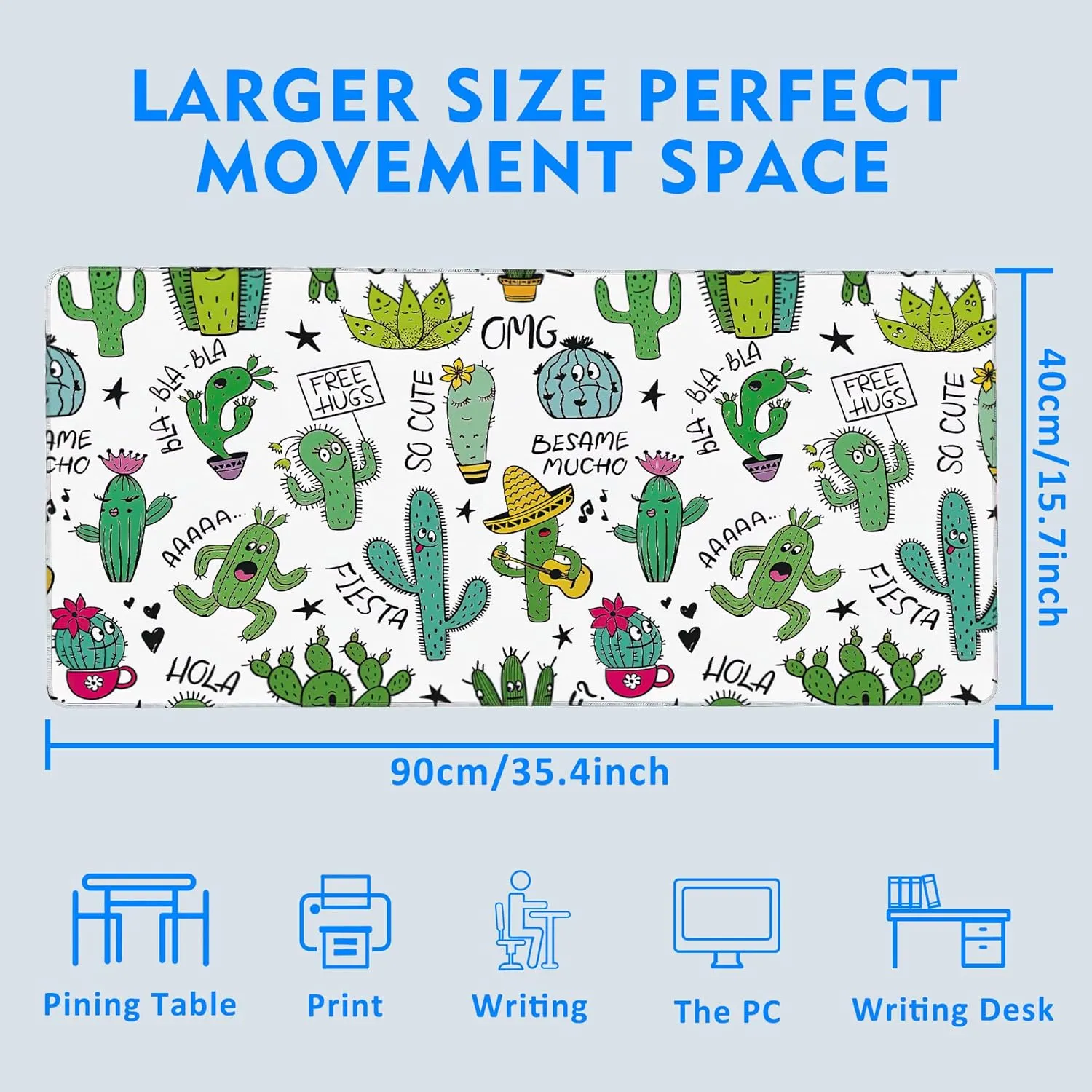 Large Extended Mouse Pad Art Cartoon Cactus Desk Mat,Large Gaming Mouse Pad,Big Desk Pad with Thick Stitched Edges Suit for Home Office or Gaming 35.4x15.7 Inch
