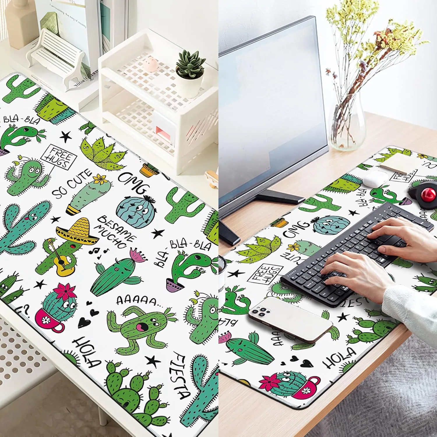 Large Extended Mouse Pad Art Cartoon Cactus Desk Mat,Large Gaming Mouse Pad,Big Desk Pad with Thick Stitched Edges Suit for Home Office or Gaming 35.4x15.7 Inch