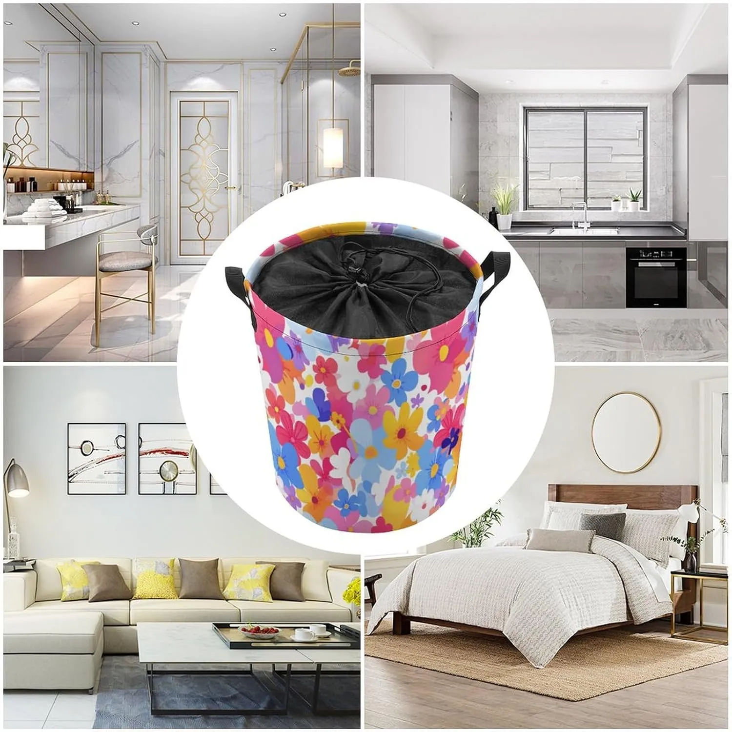 Laundry Hampers, Large Drawstring Laundry Bag, Removable Laundry Bags, Collapsible Storage Bin with Handles for Home Organization, Kids Room, Nursery Flower