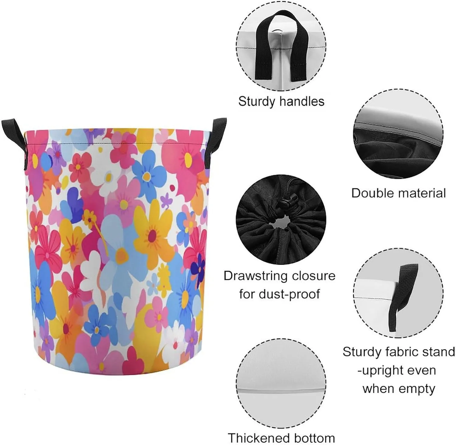 Laundry Hampers, Large Drawstring Laundry Bag, Removable Laundry Bags, Collapsible Storage Bin with Handles for Home Organization, Kids Room, Nursery Flower