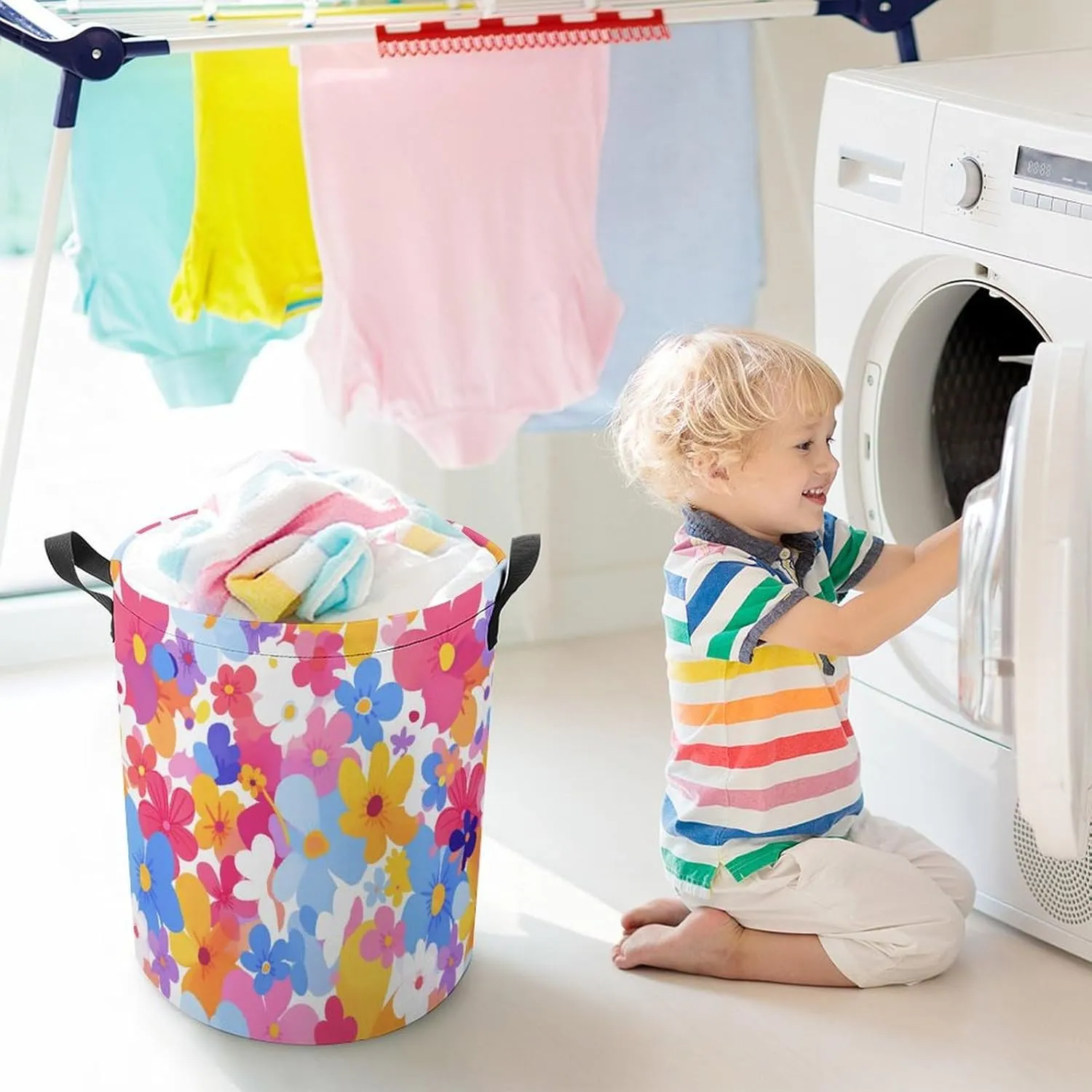 Laundry Hampers, Large Drawstring Laundry Bag, Removable Laundry Bags, Collapsible Storage Bin with Handles for Home Organization, Kids Room, Nursery Flower
