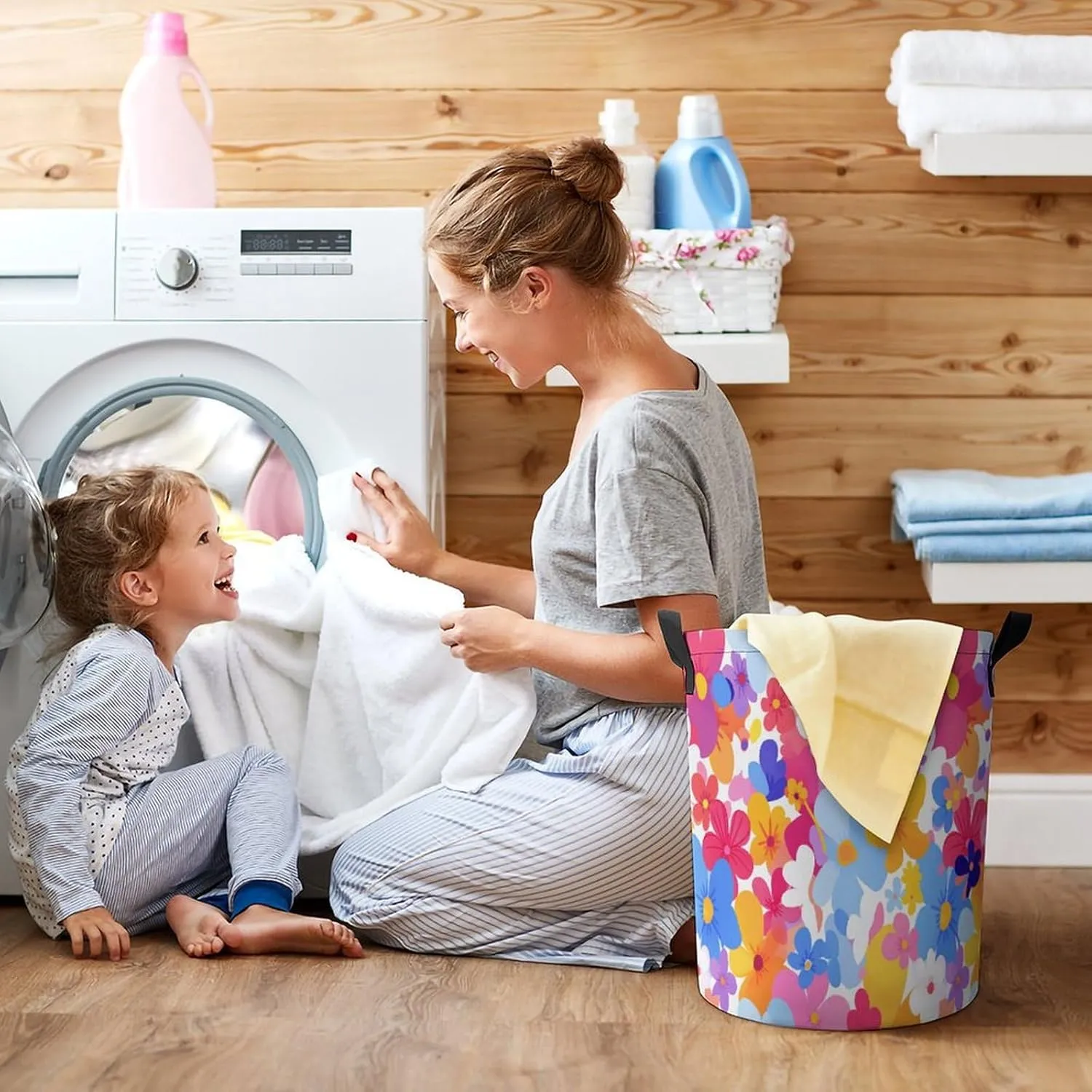 Laundry Hampers, Large Drawstring Laundry Bag, Removable Laundry Bags, Collapsible Storage Bin with Handles for Home Organization, Kids Room, Nursery Flower