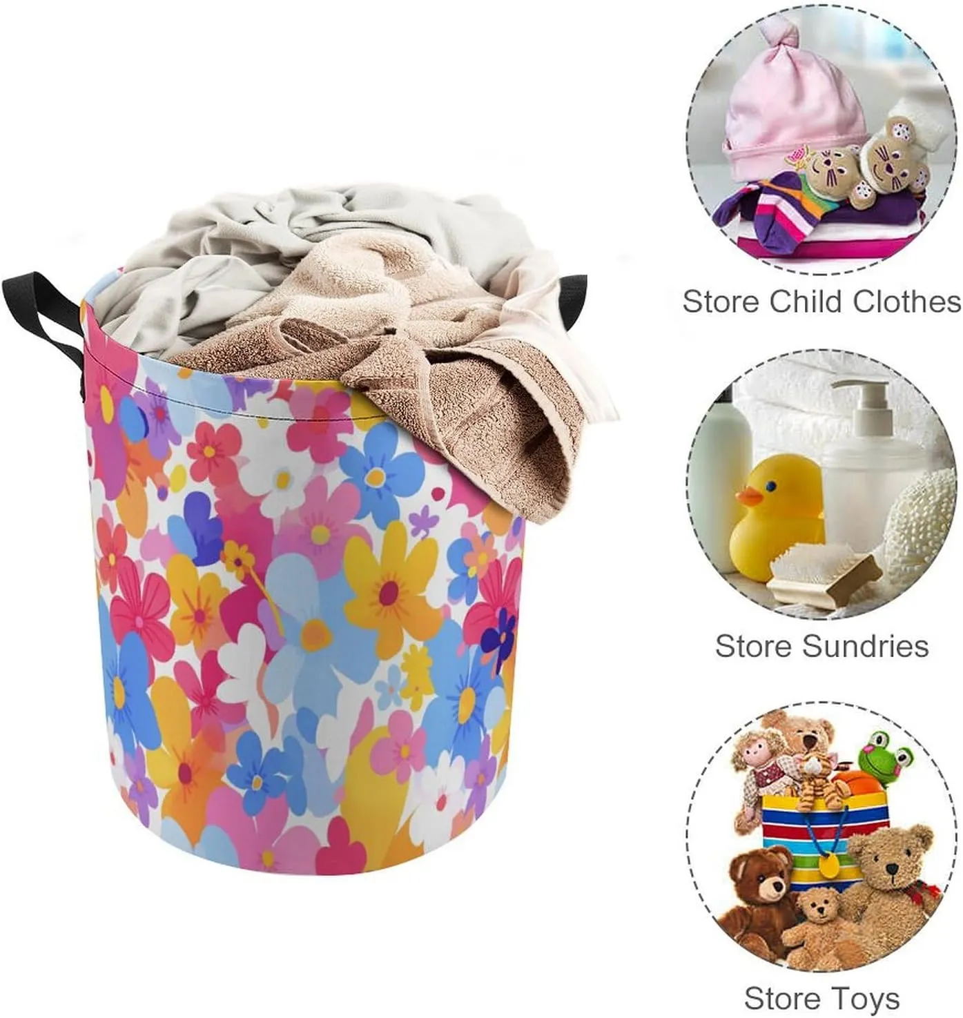 Laundry Hampers, Large Drawstring Laundry Bag, Removable Laundry Bags, Collapsible Storage Bin with Handles for Home Organization, Kids Room, Nursery Flower