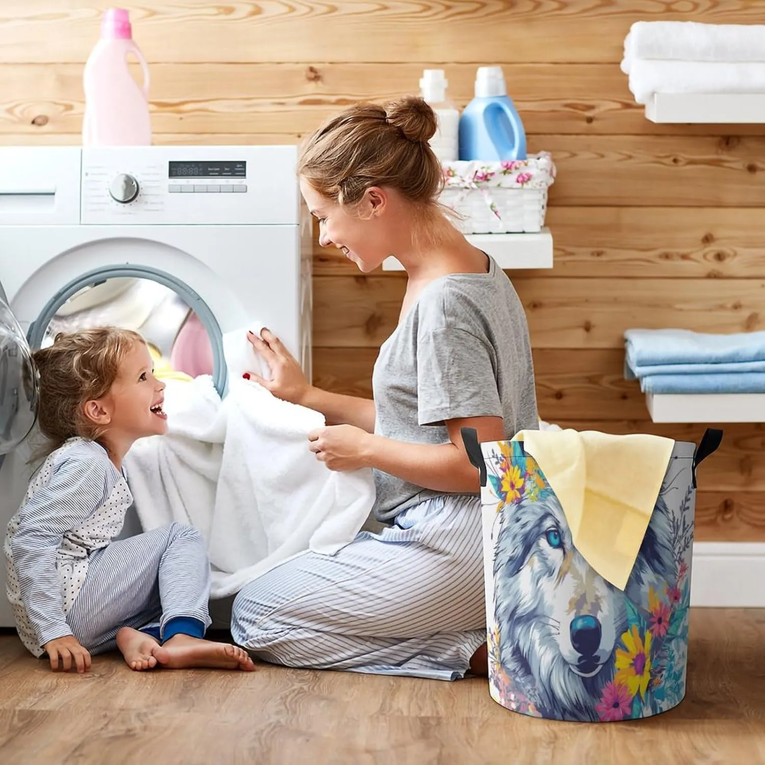Laundry Hampers, Large Drawstring Laundry Bag, Removable Laundry Bags, Collapsible Storage Bin with Handles for Home Organization, Kids Room, Nursery Iris