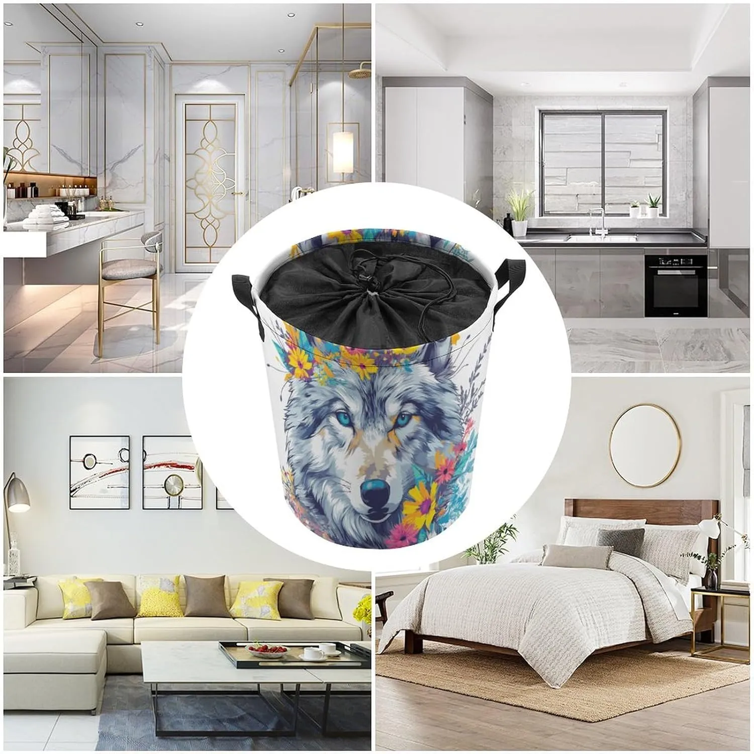 Laundry Hampers, Large Drawstring Laundry Bag, Removable Laundry Bags, Collapsible Storage Bin with Handles for Home Organization, Kids Room, Nursery Iris
