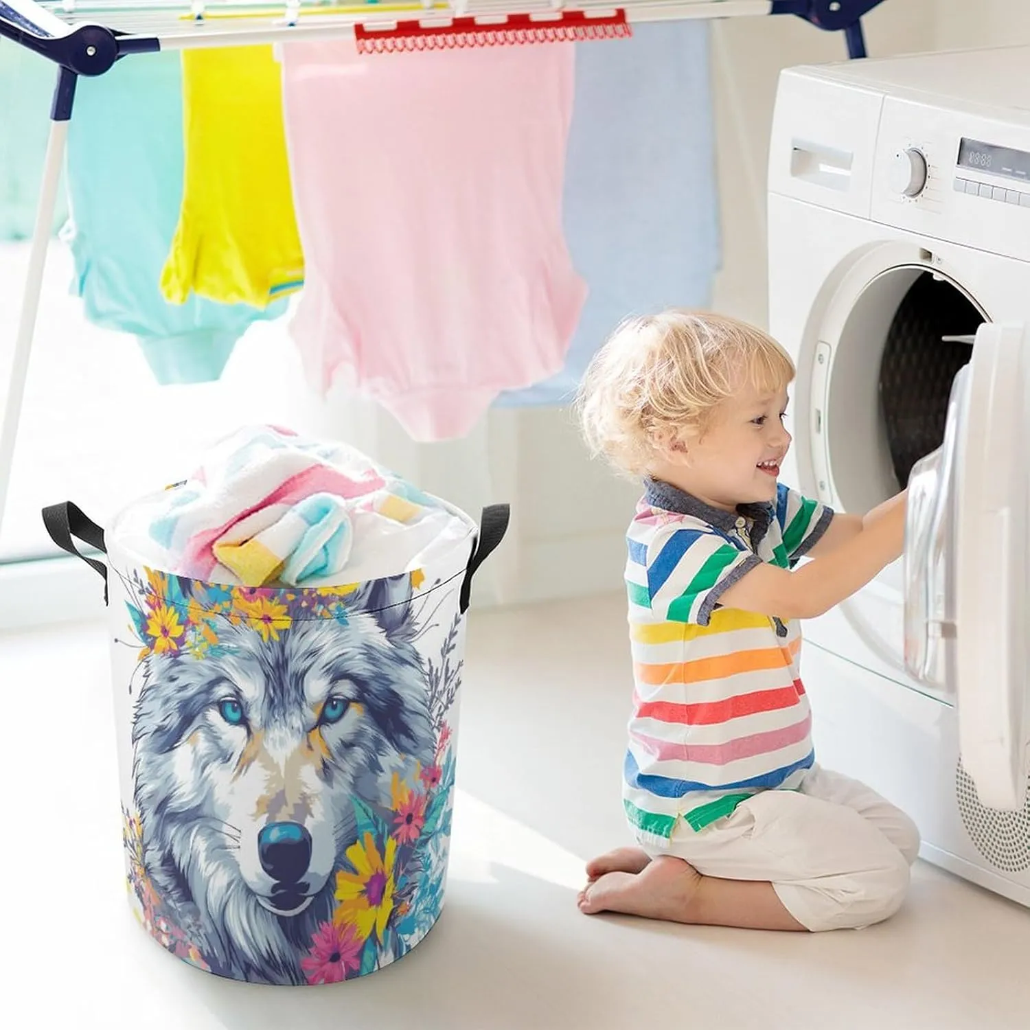 Laundry Hampers, Large Drawstring Laundry Bag, Removable Laundry Bags, Collapsible Storage Bin with Handles for Home Organization, Kids Room, Nursery Iris