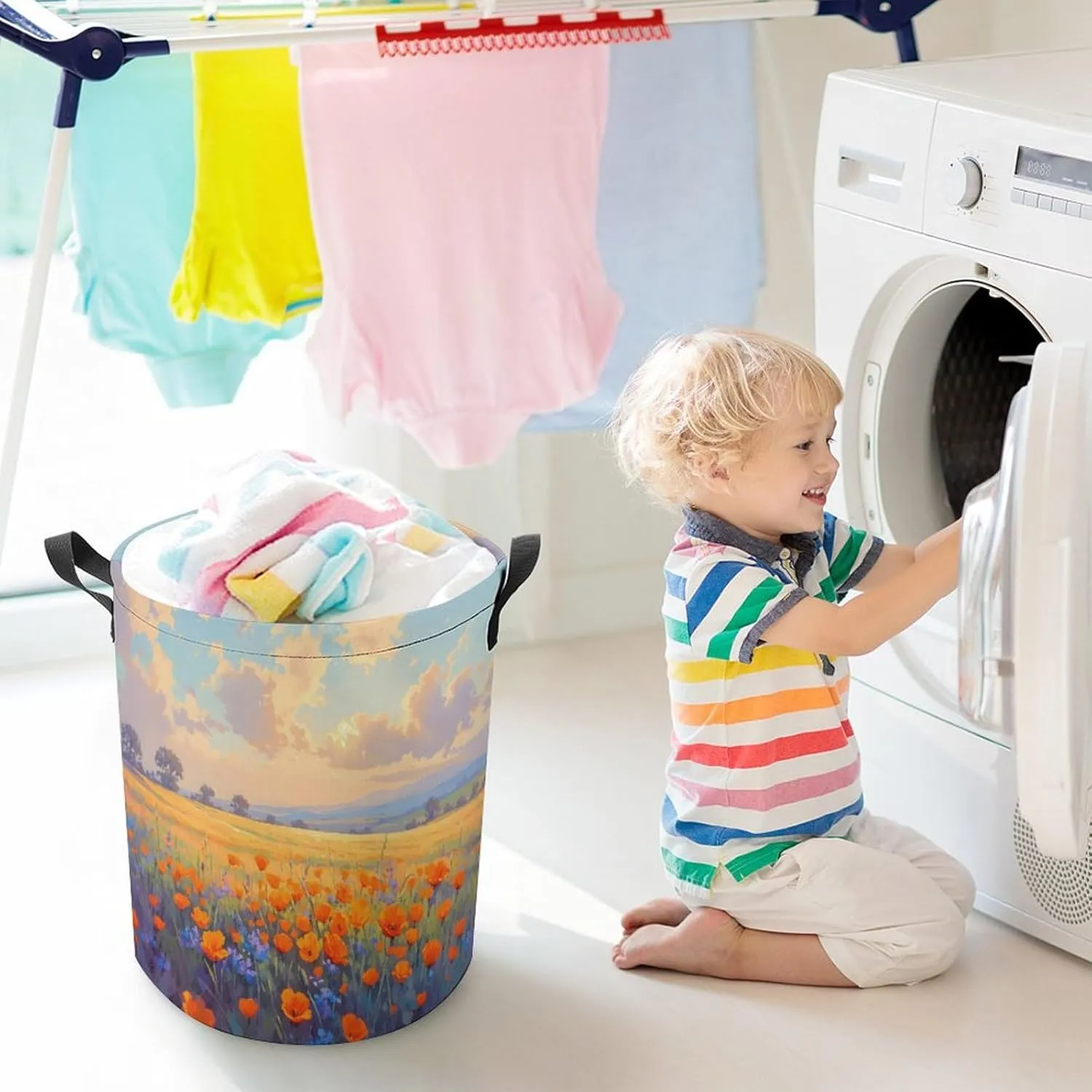 Laundry Hampers, Large Drawstring Laundry Bag, Removable Laundry Bags, Collapsible Storage Bin with Handles for Home Organization, Kids Room, Nursery Natural Landscape