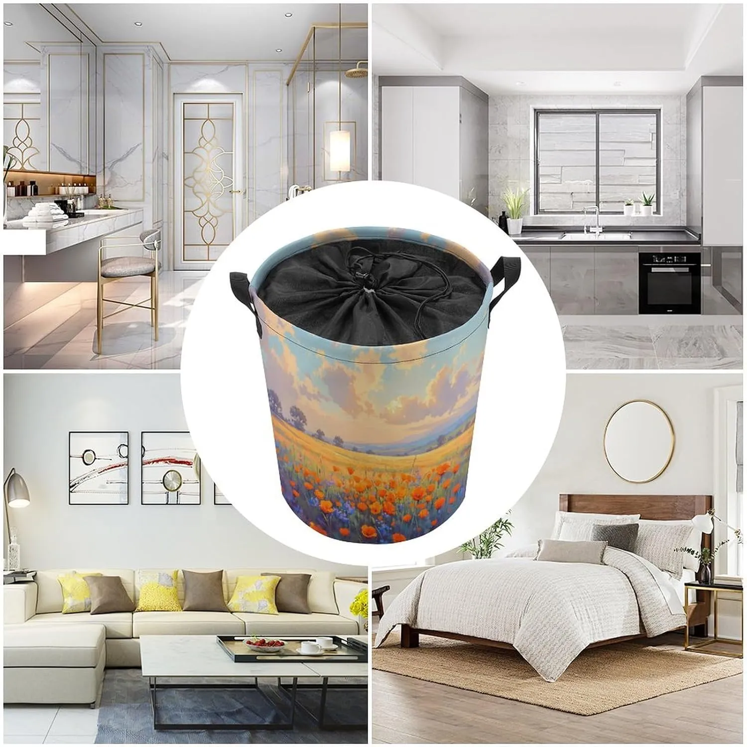 Laundry Hampers, Large Drawstring Laundry Bag, Removable Laundry Bags, Collapsible Storage Bin with Handles for Home Organization, Kids Room, Nursery Natural Landscape