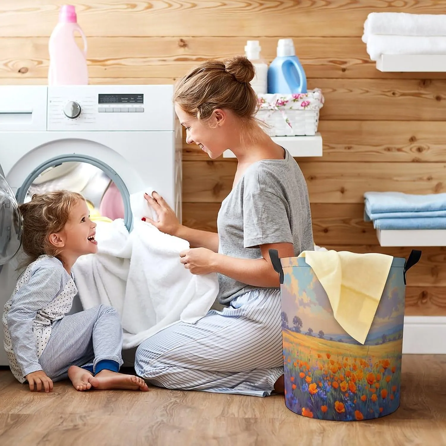 Laundry Hampers, Large Drawstring Laundry Bag, Removable Laundry Bags, Collapsible Storage Bin with Handles for Home Organization, Kids Room, Nursery Natural Landscape