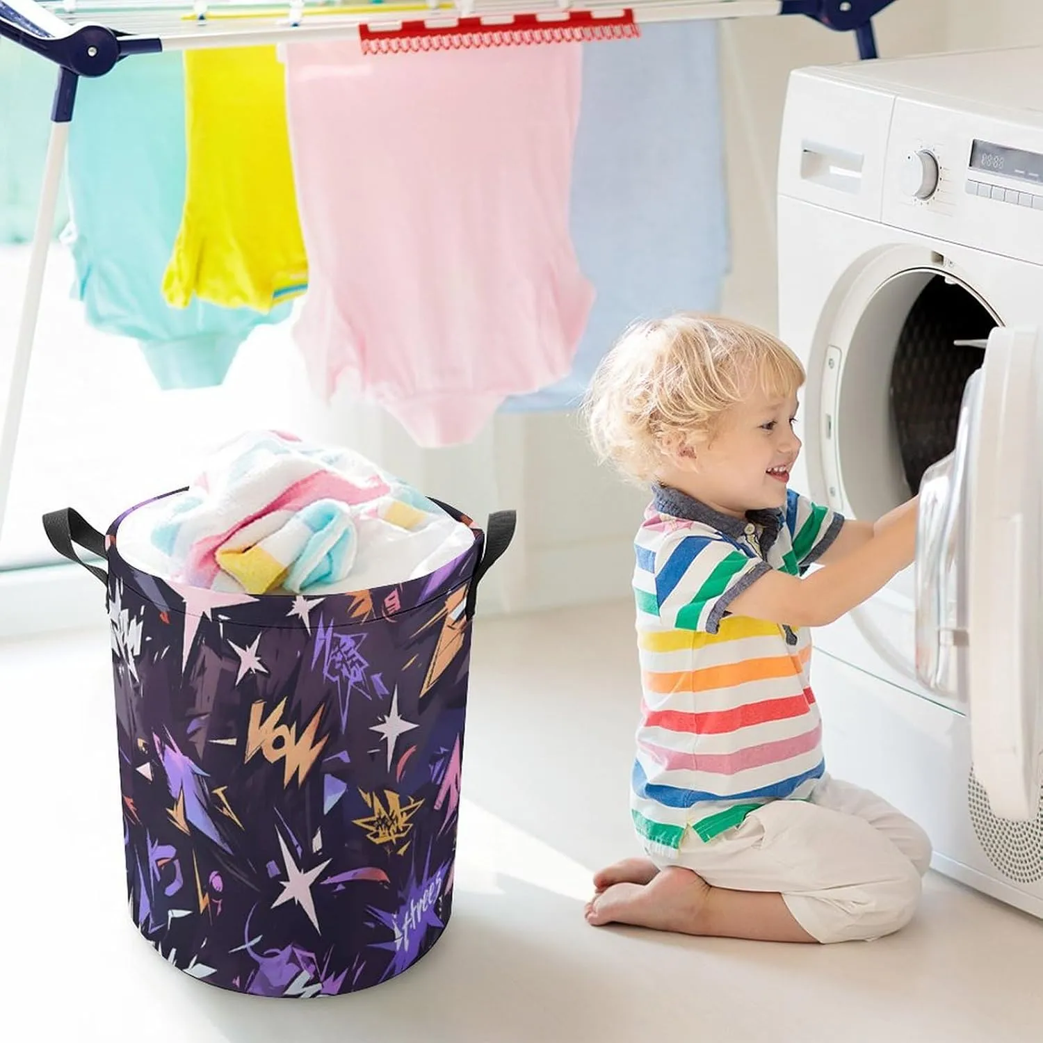 Laundry Hampers, Large Drawstring Laundry Bag, Removable Laundry Bags, Collapsible Storage Bin with Handles for Home Organization, Kids Room, Nursery Star