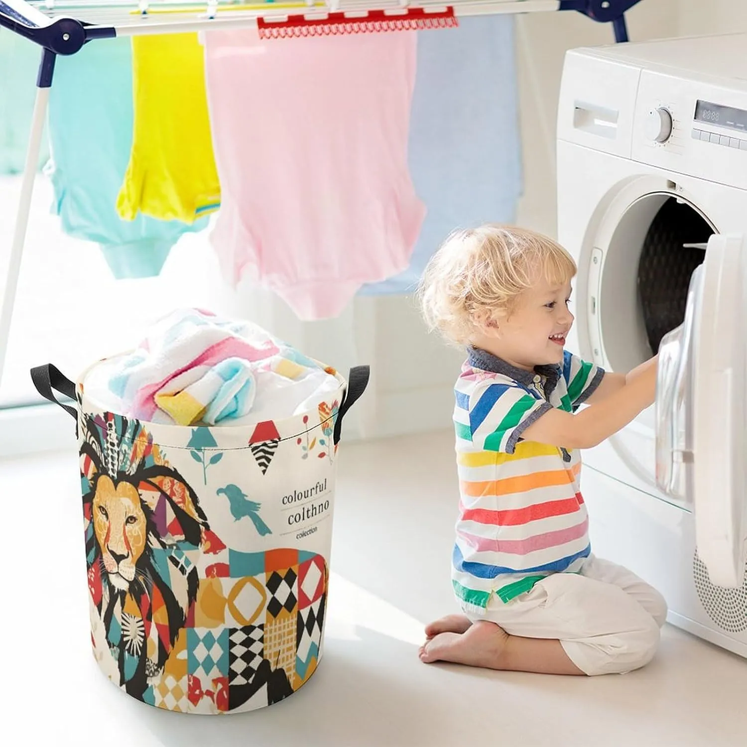 Laundry Hampers, Large Drawstring Laundry Bag, Removable Laundry Bags, Collapsible Storage Bin with Handles for Home Organization, Kids Room, Nursery Vertebrate
