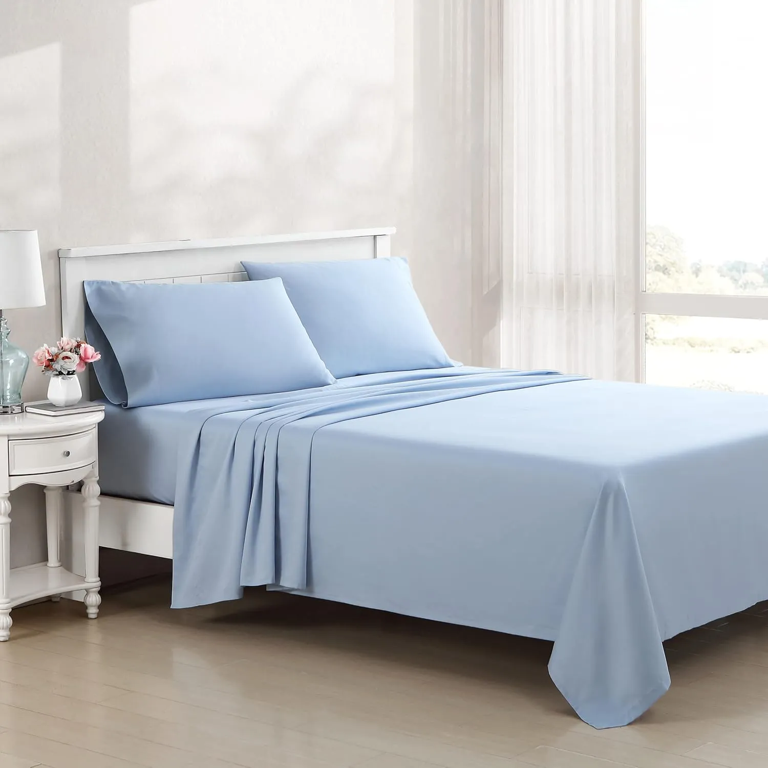 Laura Ashley- Queen Sheet Set, Luxury Sateen Cotton Bedding, 800 Thread Count, Soft & Smooth Home Decor (Solid Blue, Queen)