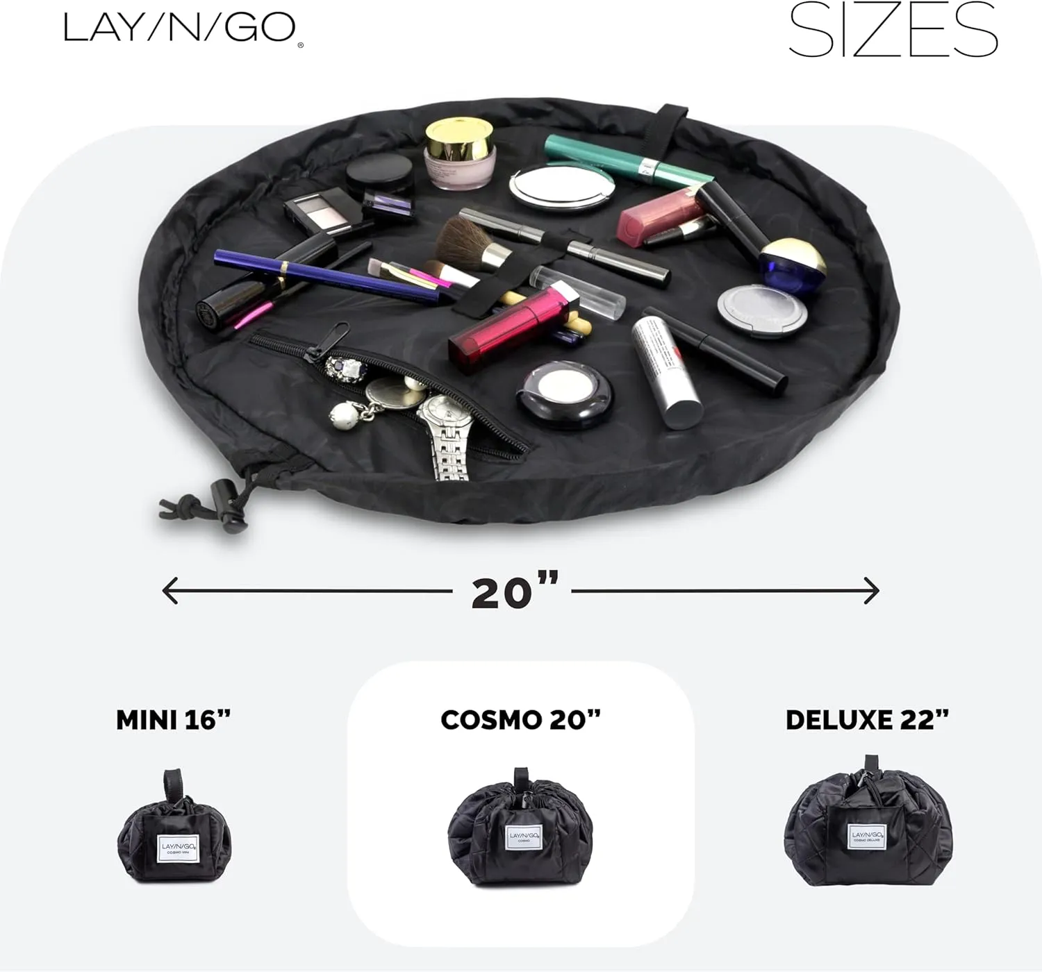 Lay-n-Go Cosmo Drawstring Cosmetic & Makeup Bag Organizer - Portable Drawstring Bag w/Zipper Pocket, Makeup Loops & More - Durable, Machine Washable Toiletry Bag for Travel (20", Black)