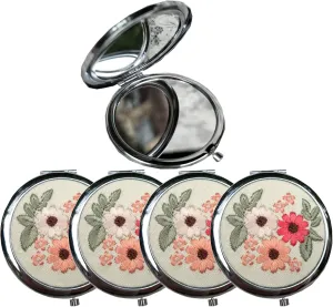 Leimandy 4-Piece Bridesmaid Compact Mirror Set - Double-Sided 1x/2x Magnification Embroidered Daisy Design Portable Purse Mirror for Wedding | Birthday L2 (Daisy Flower)