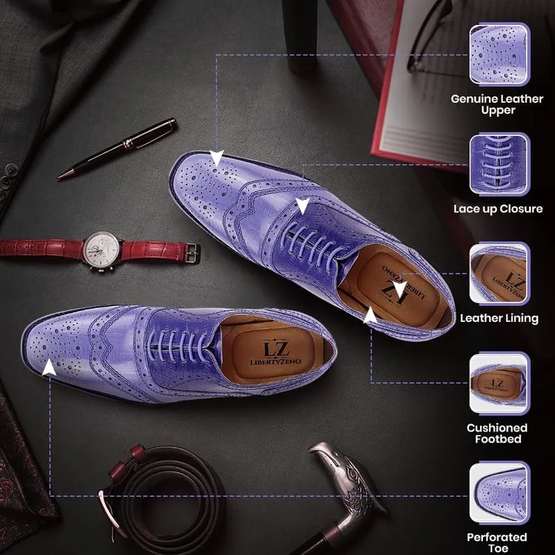 LIBERTYZENO Mens Plain & Animal Print Purple Genuine Leather Adults Slip On & Lace Up Oxford Dress Shoes/Prom Shoes for Easter Gift