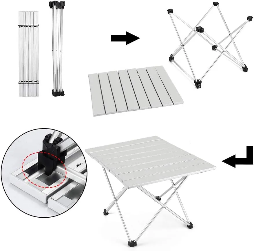 Lightweight Aluminum Folding Table, Portable Camp Table, Outdoor Picnic Camping Backpacking Beach Patio Collapsible Foldable Table (Silver, Large - Unfolded: 27" x 18.3" x 15.7")