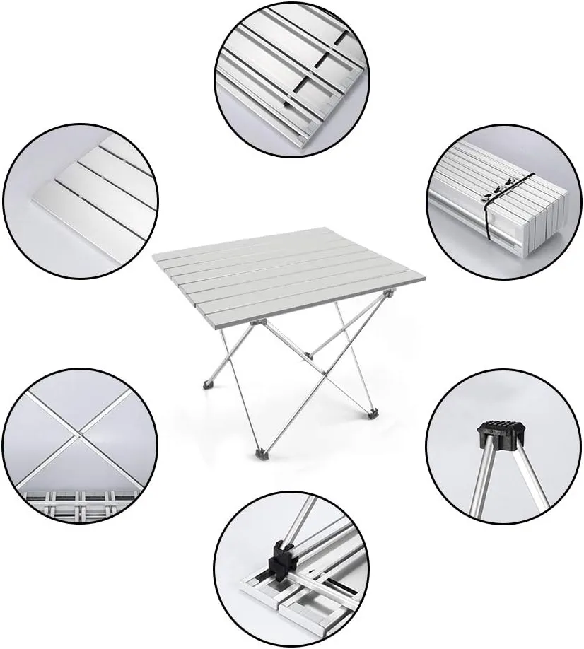 Lightweight Aluminum Folding Table, Portable Camp Table, Outdoor Picnic Camping Backpacking Beach Patio Collapsible Foldable Table (Silver, Large - Unfolded: 27" x 18.3" x 15.7")