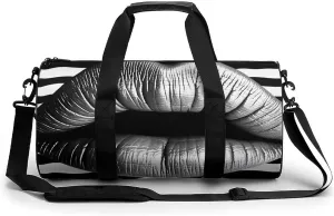 Lips Printed In Black And White Stripes Sport Gym Duffle Travel Bag for Women Men Overnight Weekender Bag with Shoe Compartment,Wet Pocket