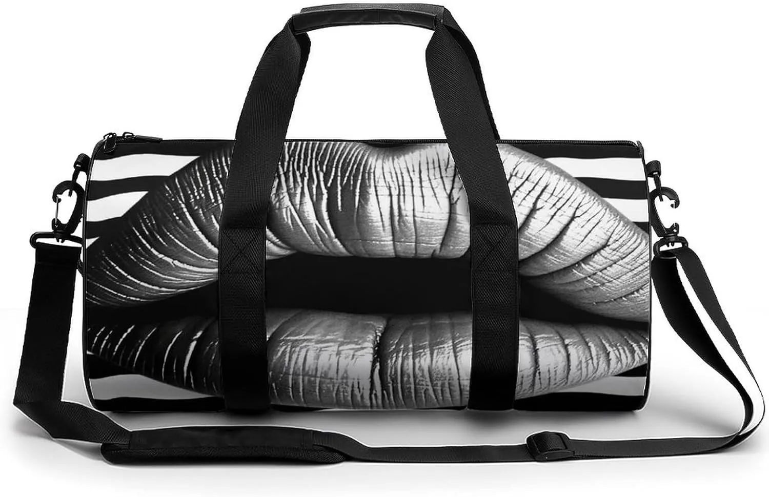 Lips Printed In Black And White Stripes Sport Gym Duffle Travel Bag for Women Men Overnight Weekender Bag with Shoe Compartment,Wet Pocket