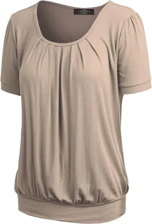 LL Womens Scoop Neck Short Sleeve Front Pleated Tunic - Made in USA