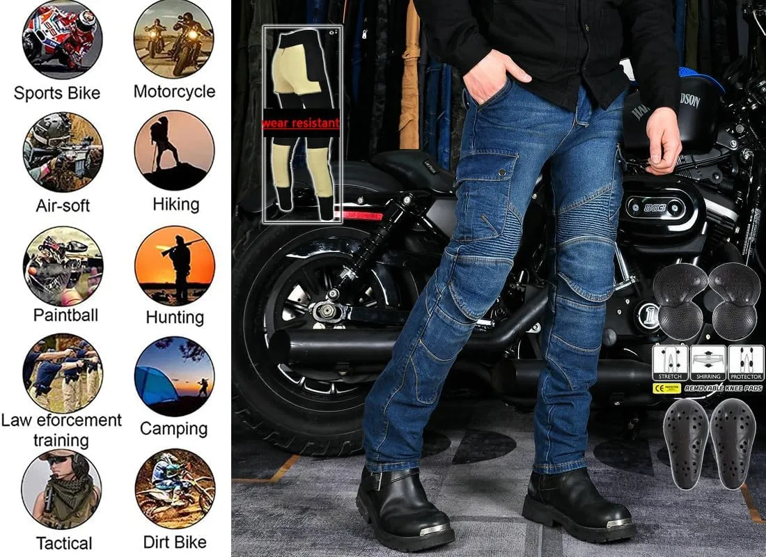 LOMENG Motorcycle Riding Pants Motorbike Motocross Cycling Jeans Safety CE Knee Hip Removable Armored All Seasons for Men