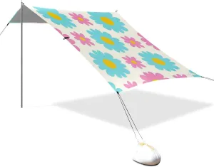 Lovely Daisy Floral Peach Blue Designed UPF50  Protection Beach Cabana Easy Setup Sun Shade Includes Sand Shovel, Sandbags, Stability Poles for Family Trips, Picnics & Camping Beach Parasol