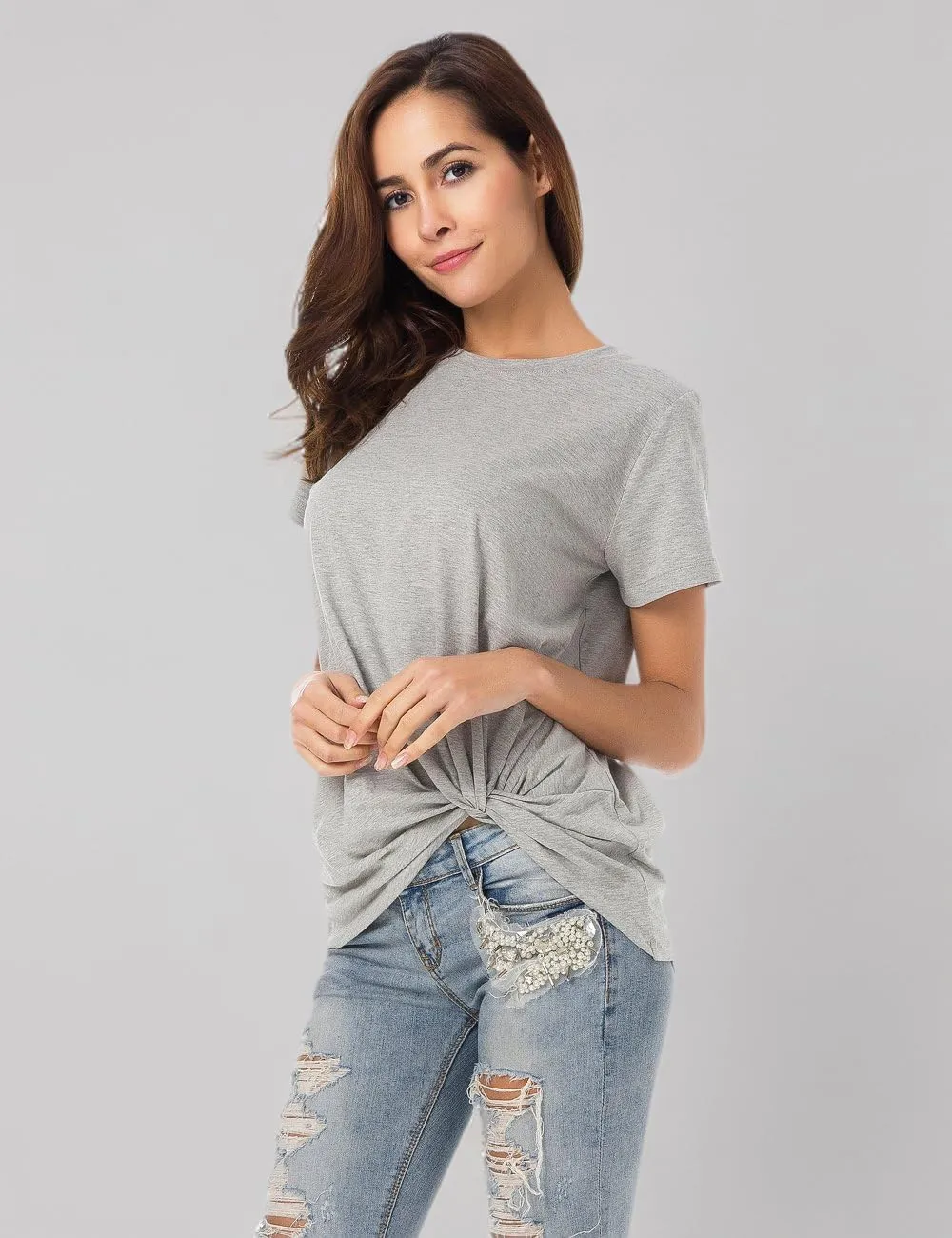LUSMAY Womens Short Sleeve Loose Twist Knot Front T Shirts Cotton Casual Blouse