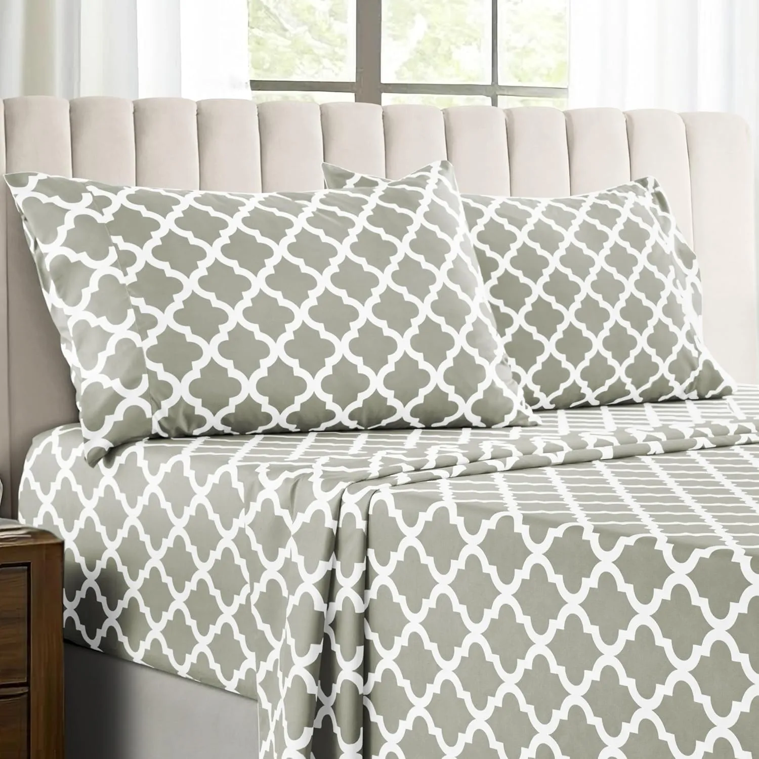 LUX Décor Queen Sheet Set, 4-Pc, Breathable Hotel Style Sheets, Microfiber Sheets Deep Pockets, Easy-Fit, Soft & Wrinkle Free Oeko-Tex Quatrefoil Bed Sheets (Queen, Taupe)