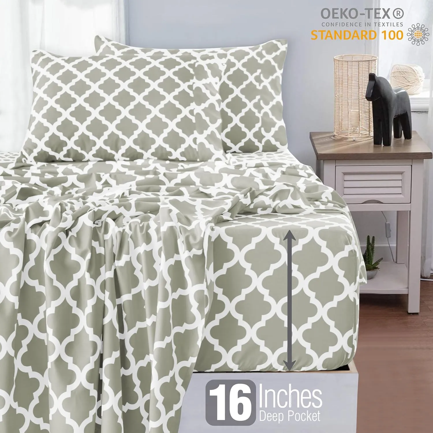 LUX Décor Queen Sheet Set, 4-Pc, Breathable Hotel Style Sheets, Microfiber Sheets Deep Pockets, Easy-Fit, Soft & Wrinkle Free Oeko-Tex Quatrefoil Bed Sheets (Queen, Taupe)