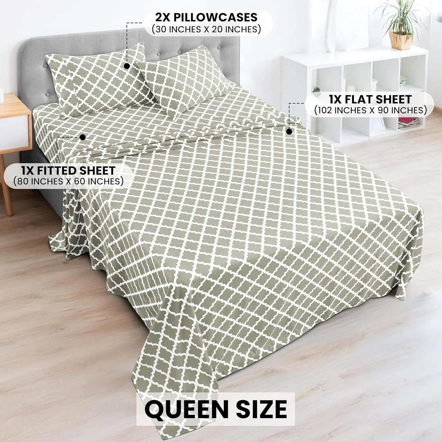LUX Décor Queen Sheet Set, 4-Pc, Breathable Hotel Style Sheets, Microfiber Sheets Deep Pockets, Easy-Fit, Soft & Wrinkle Free Oeko-Tex Quatrefoil Bed Sheets (Queen, Taupe)