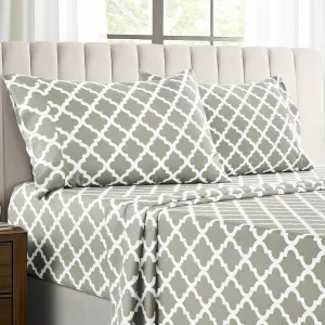 LUX Décor Queen Sheet Set, 4-Pc, Breathable Hotel Style Sheets, Microfiber Sheets Deep Pockets, Easy-Fit, Soft & Wrinkle Free Oeko-Tex Quatrefoil Bed Sheets (Queen, Taupe)