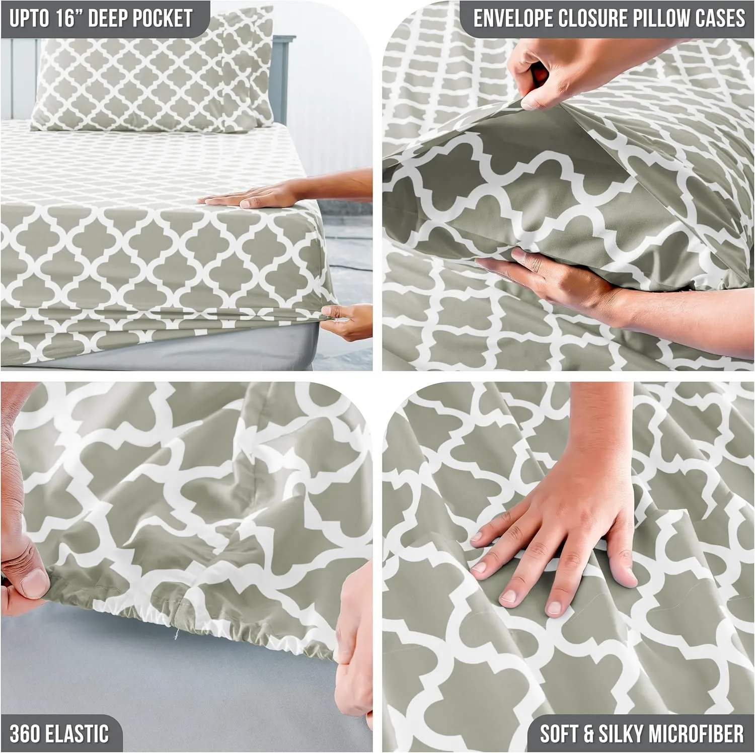 LUX Décor Queen Sheet Set, 4-Pc, Breathable Hotel Style Sheets, Microfiber Sheets Deep Pockets, Easy-Fit, Soft & Wrinkle Free Oeko-Tex Quatrefoil Bed Sheets (Queen, Taupe)