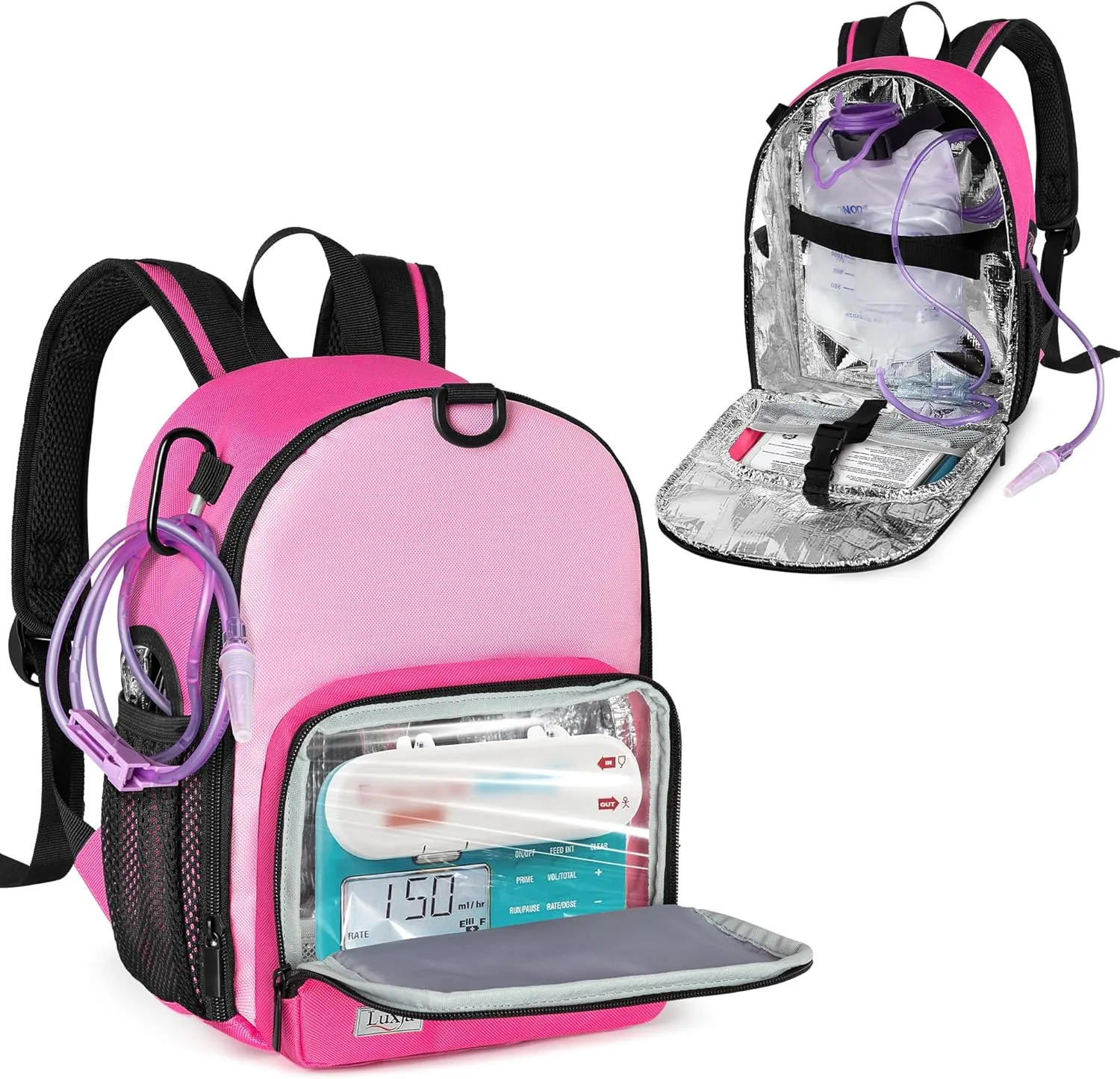 LUXJA Feeding Tube Backpack Fits 500ml Bag and Enteral Feeding Pump (Compatible with EnteraLite Infinity and Kangaroo Joey), Feeding Tube Bag for G Tube, J Tube and GJ Tube, Red Rose