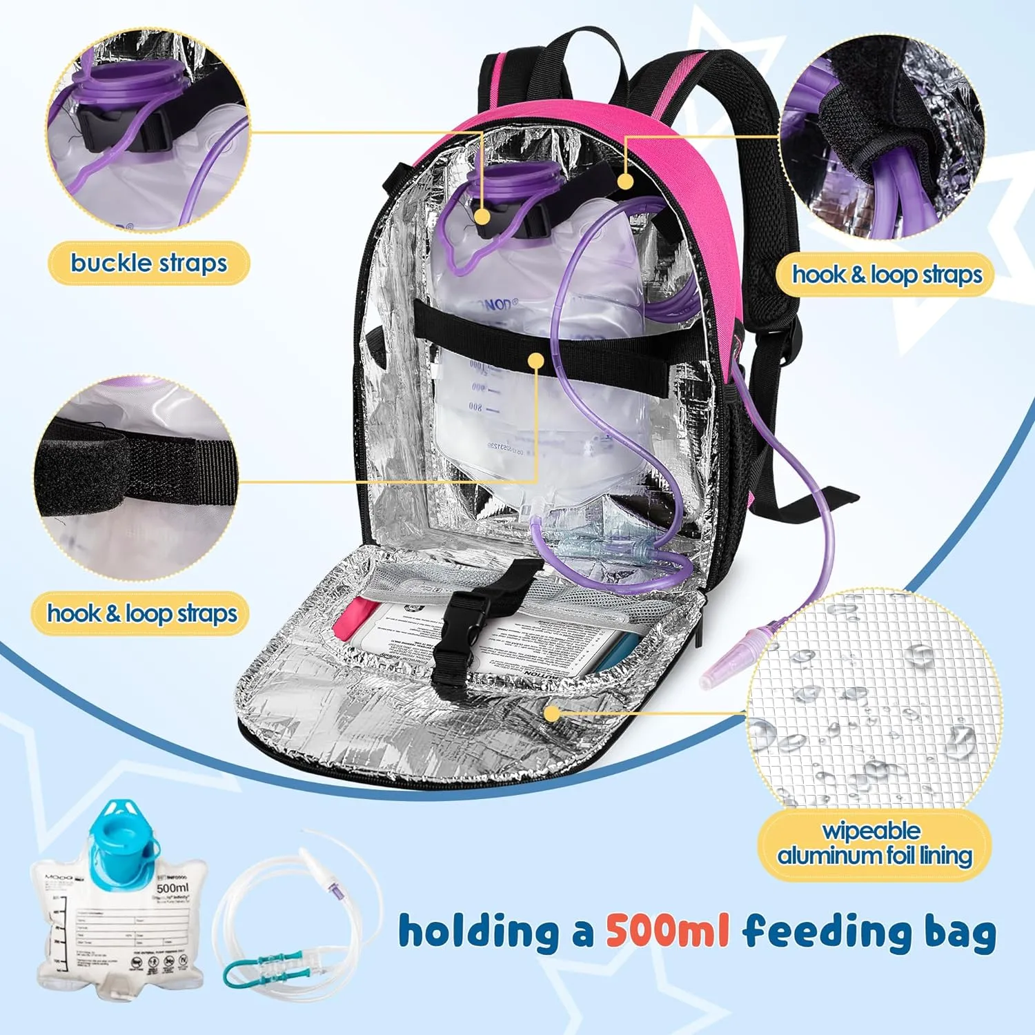 LUXJA Feeding Tube Backpack Fits 500ml Bag and Enteral Feeding Pump (Compatible with EnteraLite Infinity and Kangaroo Joey), Feeding Tube Bag for G Tube, J Tube and GJ Tube, Red Rose