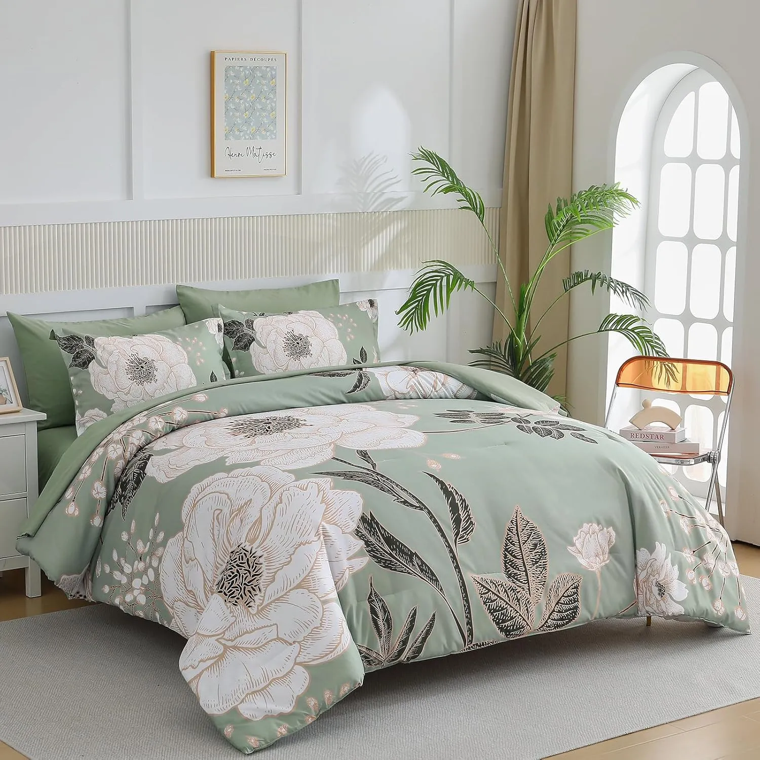 Luxudecor Floral Queen Comforter Set 7 Pieces Bed in a Bag, White Flower Print on Green Bedding Set, Soft Reversible Comforter with Sheet Set 90"x90"