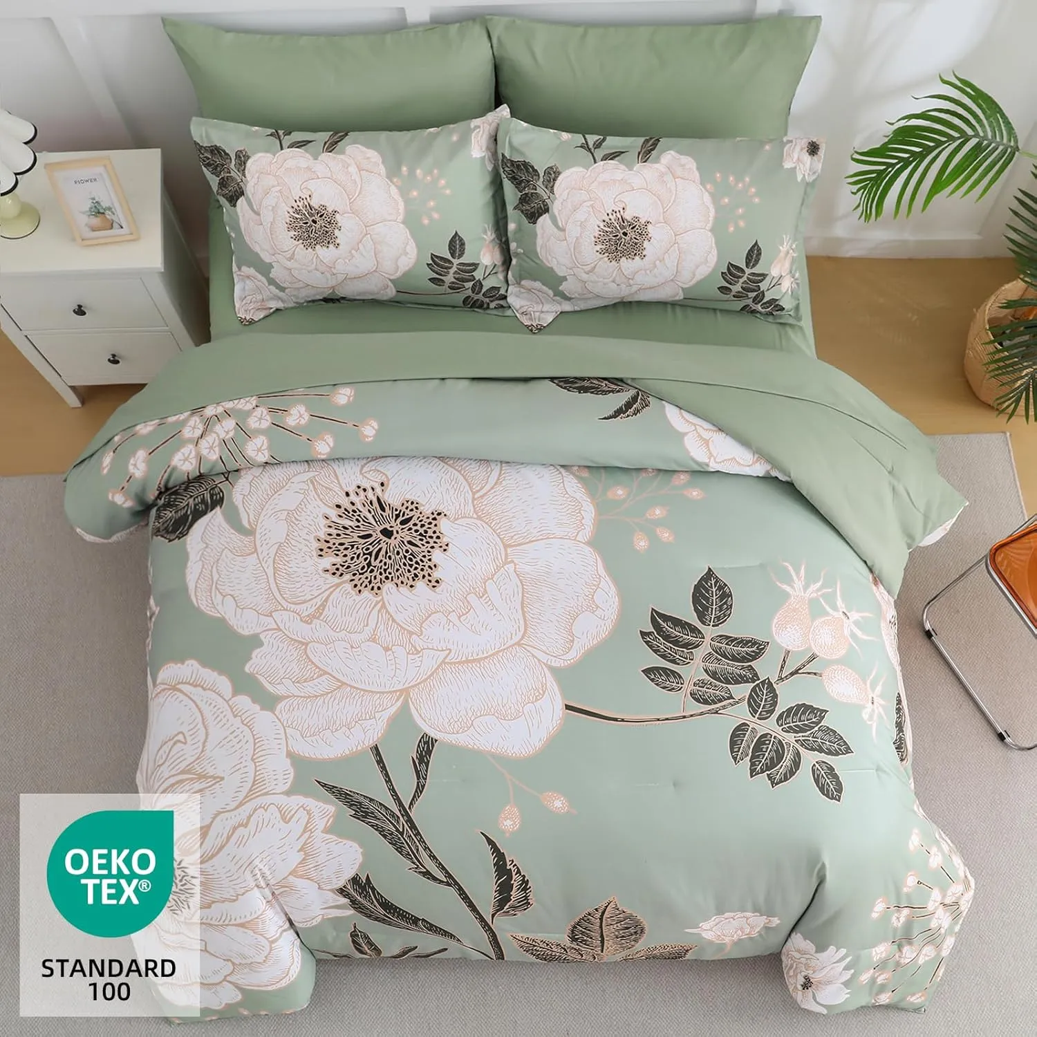 Luxudecor Floral Queen Comforter Set 7 Pieces Bed in a Bag, White Flower Print on Green Bedding Set, Soft Reversible Comforter with Sheet Set 90"x90"