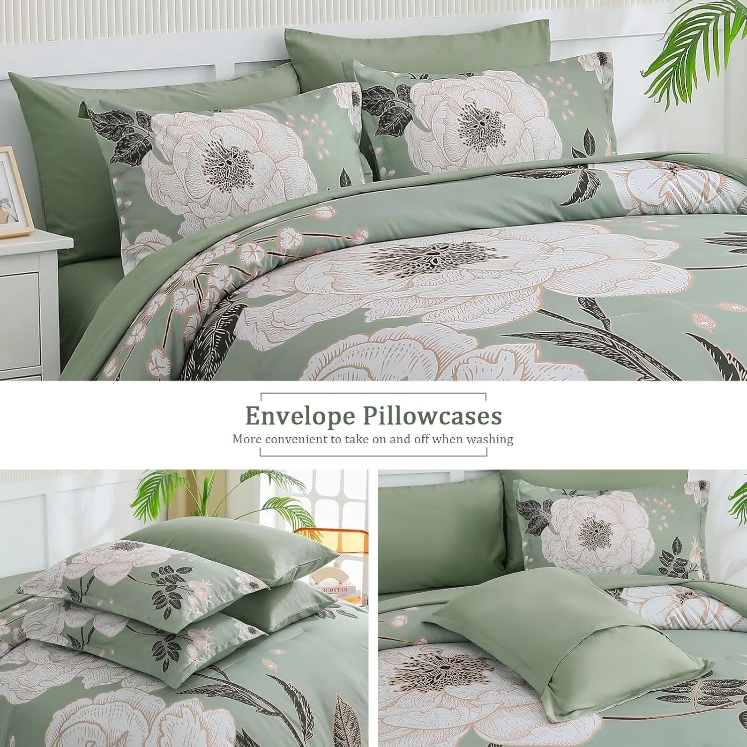 Luxudecor Floral Queen Comforter Set 7 Pieces Bed in a Bag, White Flower Print on Green Bedding Set, Soft Reversible Comforter with Sheet Set 90"x90"