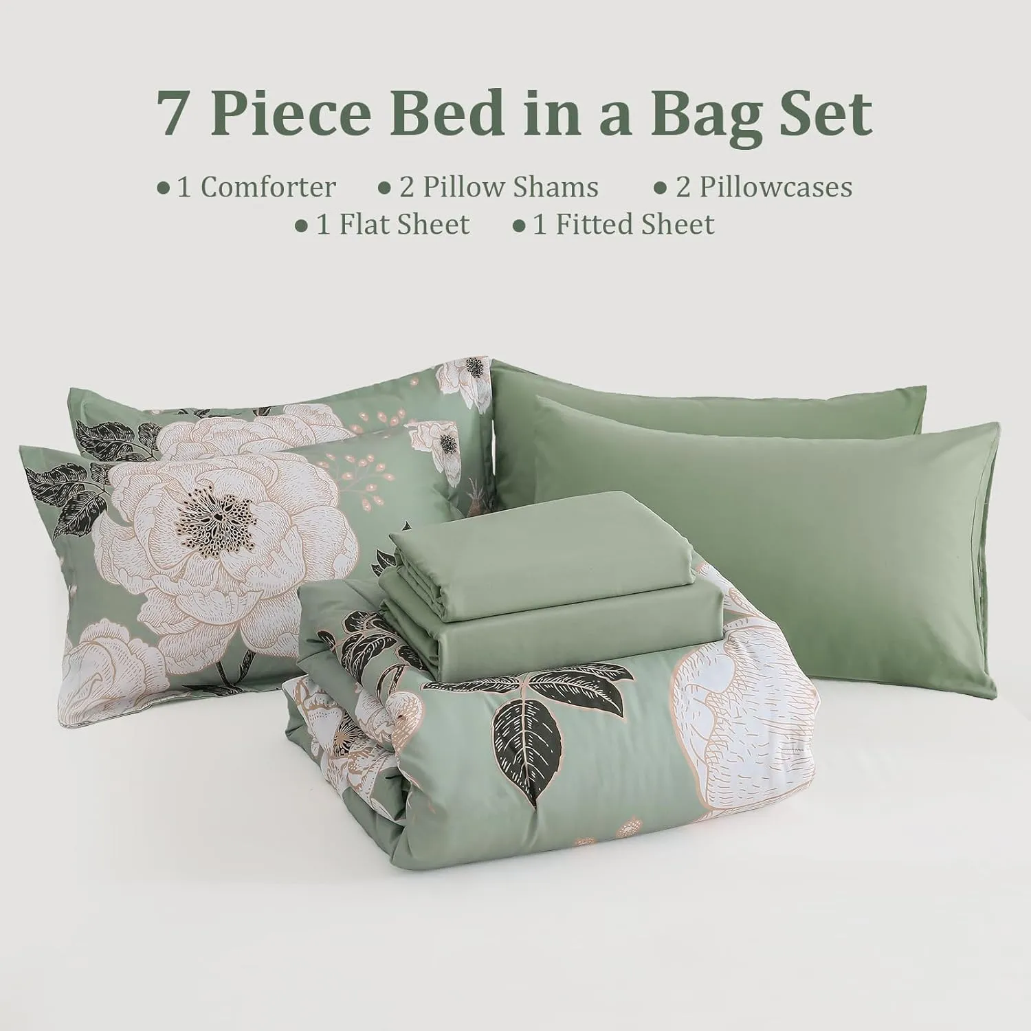 Luxudecor Floral Queen Comforter Set 7 Pieces Bed in a Bag, White Flower Print on Green Bedding Set, Soft Reversible Comforter with Sheet Set 90"x90"