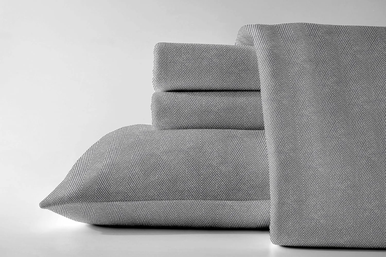 Luxury German Flannel Sheets & Pillowcases Set, 4 Piece (Gray Herringbone, King)