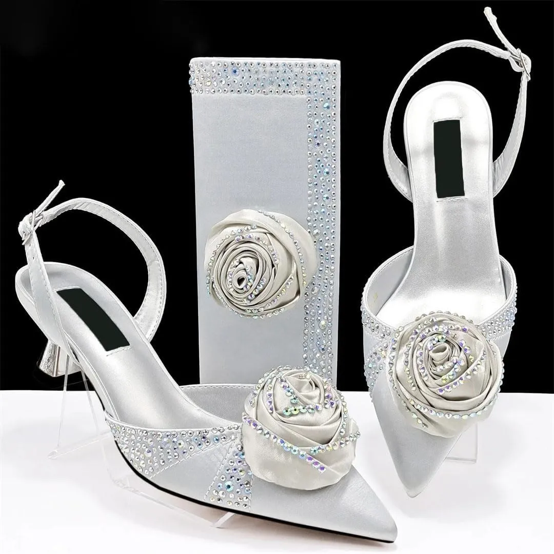 Luxury Leather Wedding Cylinder Mini Handbag Full Diamond Decoration Women Sandals Set