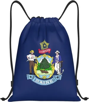 Maine State Flag Print Drawstring Backpack Lightweight Sport Bag,Pull String Back Sack Suitable Gym,Travel