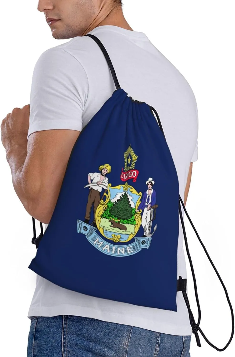 Maine State Flag Print Drawstring Backpack Lightweight Sport Bag,Pull String Back Sack Suitable Gym,Travel